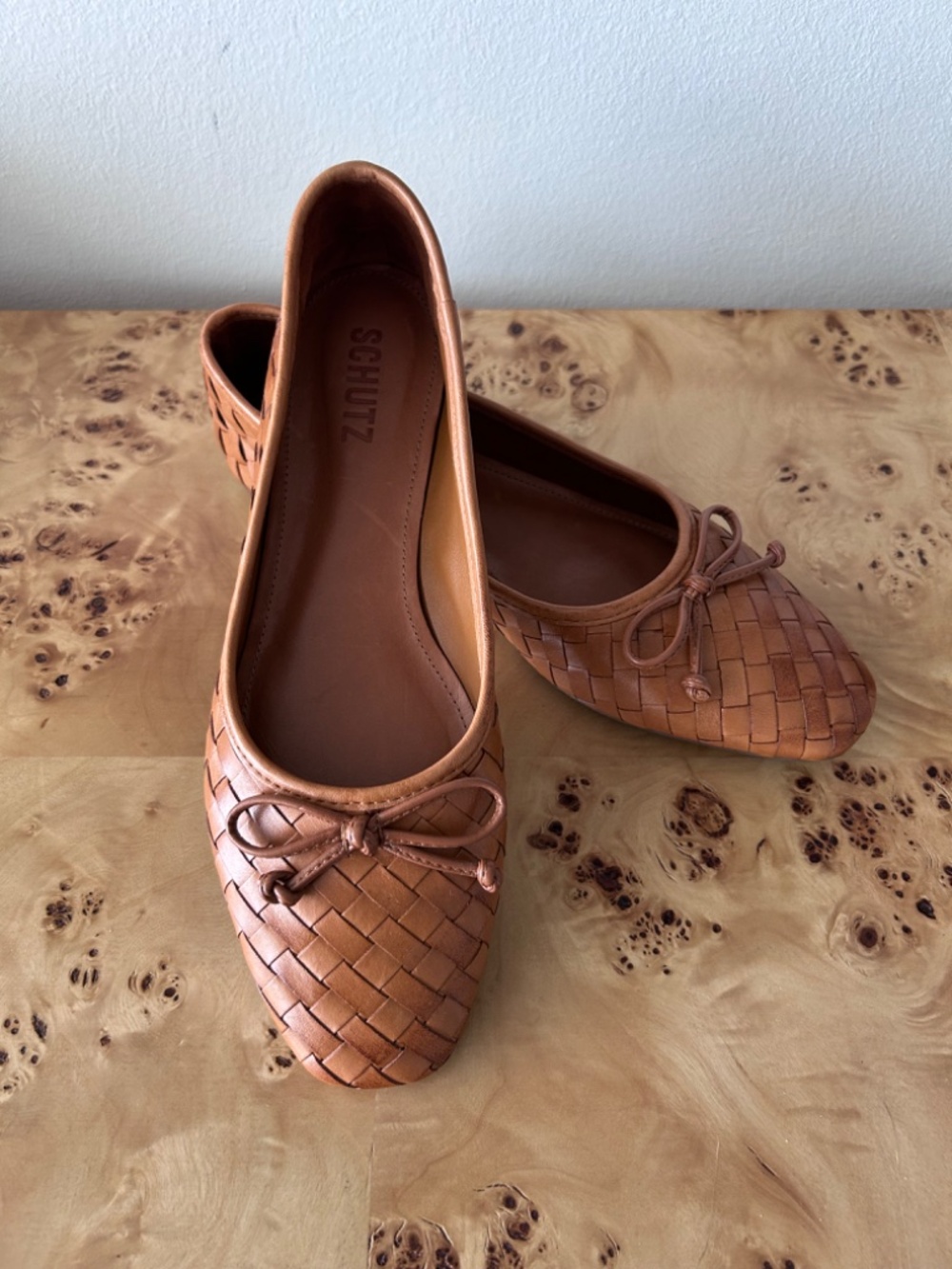 NEW! SCHUTZ Arissa Brown Woven Leather Ballet Flat with Bow 7.5